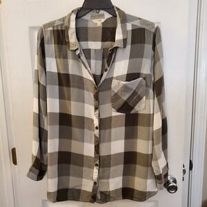 Terra & Sky sz 2X lightweight green plaid viscose button up top casual everyday